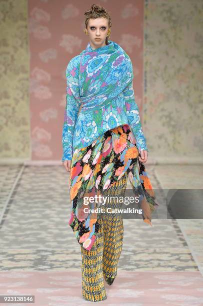 Model walks the runway at the Richard Quinn Autumn Winter 2018 fashion show during London Fashion Week on February 20, 2018 in London, United Kingdom.