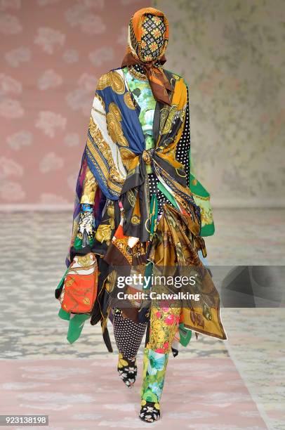 Model walks the runway at the Richard Quinn Autumn Winter 2018 fashion show during London Fashion Week on February 20, 2018 in London, United Kingdom.