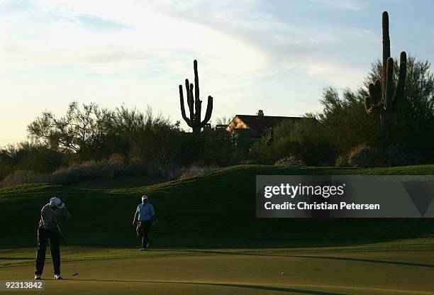 Dean Vomacka putts on the eighth hole green during the second round of the Frys.com Open at Grayhawk Golf Club on October 23, 2009 in Scottsdale,...