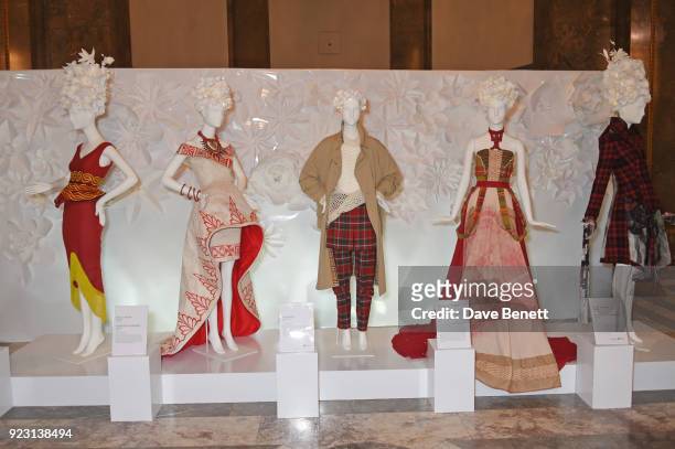 Dresses are displayed at the VIP preview of the Commonwealth Fashion Exchange exhibition at the High Commission of Australia on February 22, 2018 in...