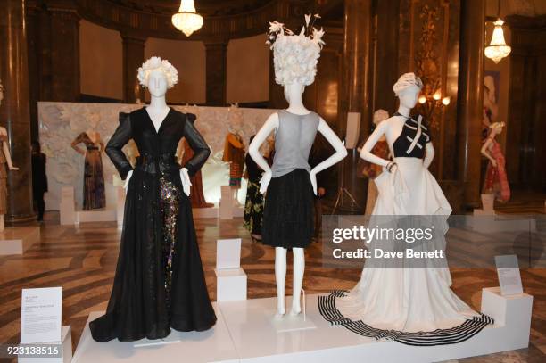 Dresses are displayed at the VIP preview of the Commonwealth Fashion Exchange exhibition at the High Commission of Australia on February 22, 2018 in...