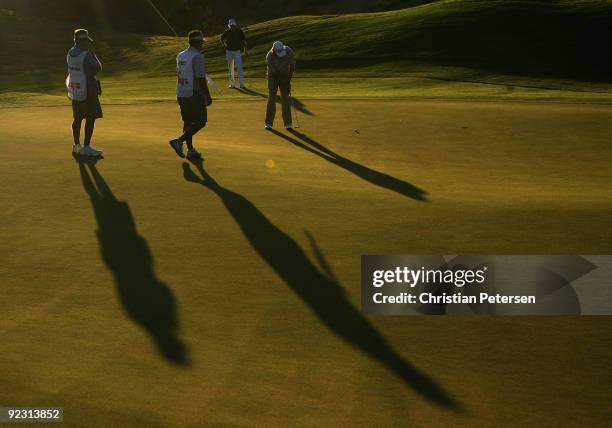 Derek Fathauer putts on the eighth hole green during the second round of the Frys.com Open at Grayhawk Golf Club on October 23, 2009 in Scottsdale,...