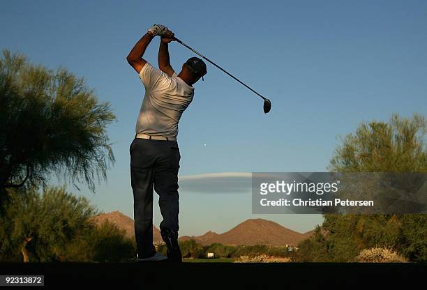 Cliff Kresge hits a tee shot on the ninth hole during the second round of the Frys.com Open at Grayhawk Golf Club on October 23, 2009 in Scottsdale,...