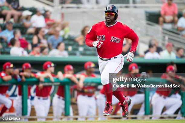 Rusney Castillo of the Boston Red Sox scores during a game against Boston College on February 22, 2018 at jetBlue Park at Fenway South in Fort Myers,...