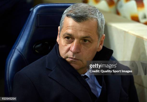 Bruno Genesio, Manager of Olympique Lyon looks on prior to the UEFA Europa League Round of 32 match between Villarreal and Olympique Lyon at the...