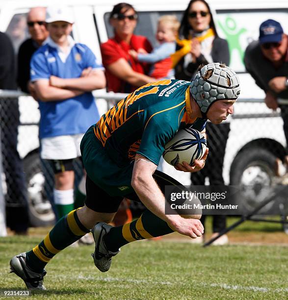 Andrew Letham of Mid Canterbury scores in the corner during the Heartland Championship Semi-Final match between Mid Canterbury and South Canterbury...