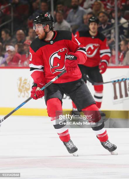 Jimmy Hayes of the New Jersey Devils skates against the Columbus Blue Jackets during the game at Prudential Center on February 20, 2018 in Newark,...