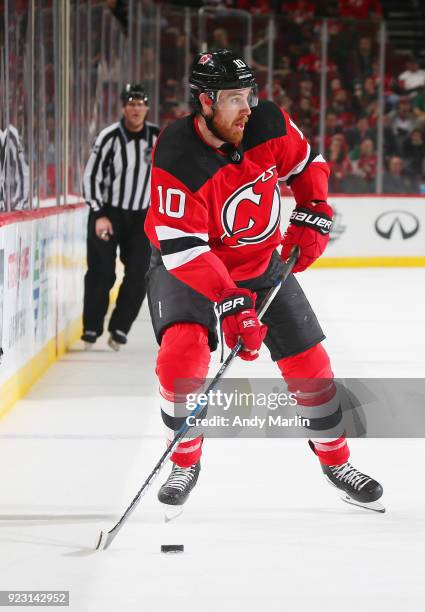 Jimmy Hayes of the New Jersey Devils plays the puck against the Columbus Blue Jackets during the game at Prudential Center on February 20, 2018 in...