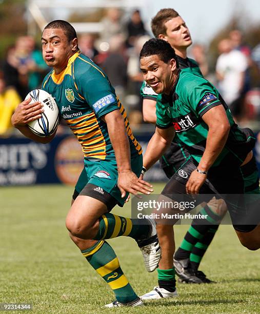 Jack Umaga of Mid Canterbury makes a break during the Heartland Championship Semi-Final match between Mid Canterbury and South Canterbury at...