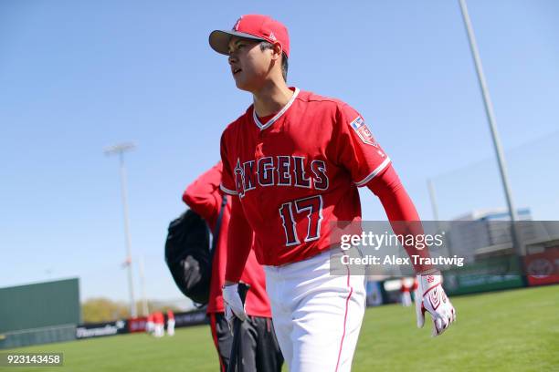 Shohei Ohtani of the Los Angeles Angels looks on during workouts on Thursday, February 22, 2018 at Tempe Diablo Stadium in Tempe, Arizona.