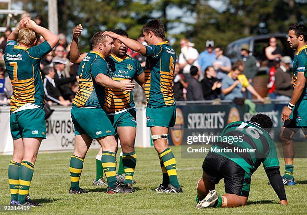 Mid Canterbury team mates celebrate after the Heartland Championship Semi-Final match between Mid Canterbury and South Canterbury at Ashburton Show...