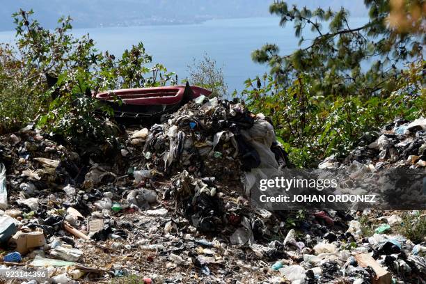 View of a municipal dump next to Lake Atitlan in the highlands in Panajachel municipality, Solola department, 65 km west of Guatemala City, on...