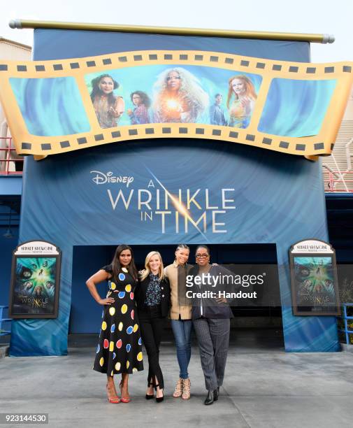 In this handout photo provided by Disney Resort, the stars of Disney's upcoming film, "A Wrinkle in Time," visited the Disneyland Resort on February...