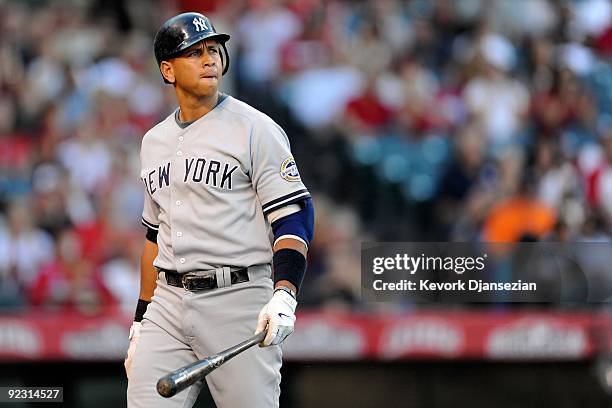 Alex Rodriguez of the New York Yankees reacts after striking out in the forth inning in Game Five of the ALCS against the Los Angeles Angels of...