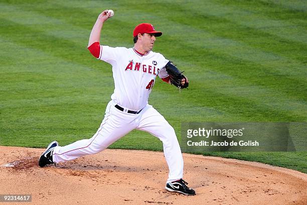 Starting pitcher John Lackey of the Los Angeles Angels of Anaheim pitches in the first inning against the New York Yankees in Game Five of the ALCS...