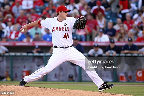 Starting pitcher John Lackey of the Los Angeles Angels of Anaheim pitches in the first inning against the New York Yankees in Game Five of the ALCS...