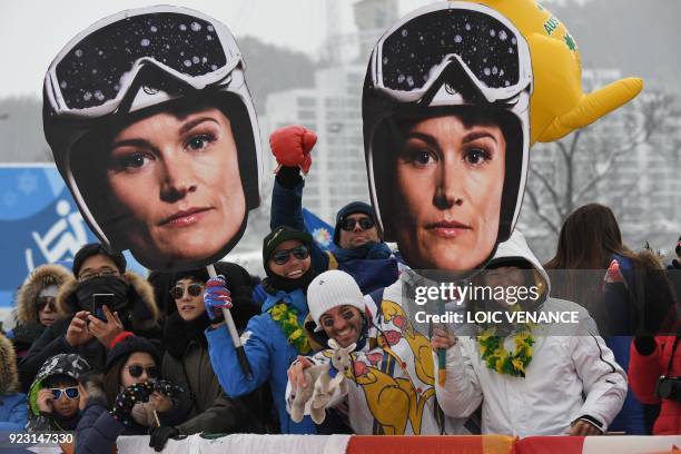 Supporters of Australia's Sami Kennedy-Sim hold up giant cut-outs of her prior to the women's ski cross events during the Pyeongchang 2018 Winter...