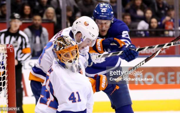 February 22 In first period action, New York Islanders goaltender Jaroslav Halak loses track of the puck and thinks its in the net as Toronto Maple...