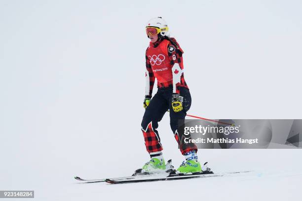 Marielle Thompson of Canada looks on after crashing during the Freestyle Skiing Ladies' Ski Cross 1/8 Finals on day fourteen of the PyeongChang 2018...