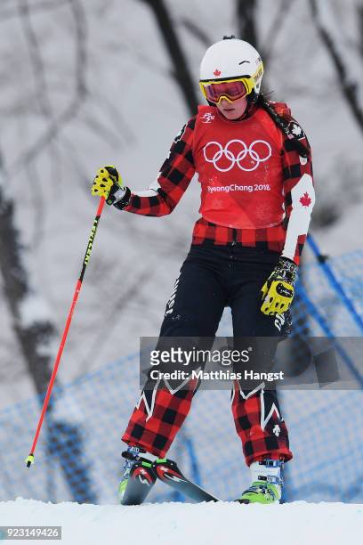 Marielle Thompson of Canada looks on after crashing during the Freestyle Skiing Ladies' Ski Cross 1/8 Finals on day fourteen of the PyeongChang 2018...