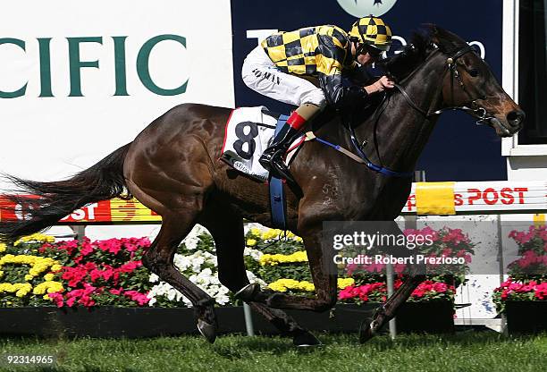 Hugh Bowman riding The Sportsman wins the Cathay Pacific Airways Cup during the 2009 Cox Plate Day meeting at Moonee Valley Racecourse on October 24,...
