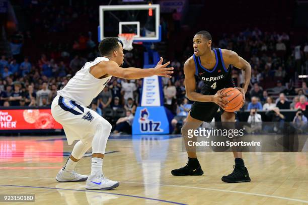 DePaul Blue Demons guard Brandon Cyrus looks to pass during the basketball game between the DePaul Blue Demons and the Villanova Wildcats on February...