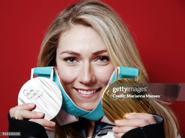 Mikaela Shiffrin of the United States poses for a portrait with her two medals, Gold in Giant Slalom and Silver in Alpine Combined on the Today Show...