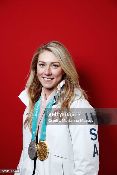 Mikaela Shiffrin of the United States poses for a portrait with her two medals, Gold in Giant Slalom and Silver in Alpine Combined on the Today Show...