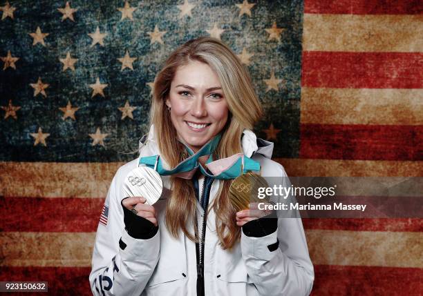 Mikaela Shiffrin of the United States poses for a portrait with her two medals, Gold in Giant Slalom and Silver in Alpine Combined on the Today Show...