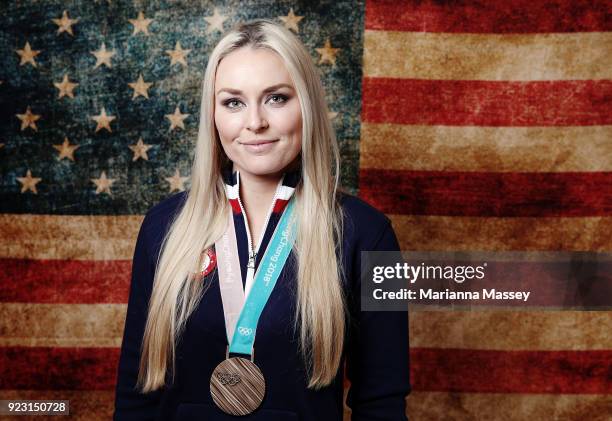 Lindsey Vonn of the United States poses with her bronze medal in the Women's Skiing Downhill on the Today Show Set on February 22, 2018 in Gangneung,...