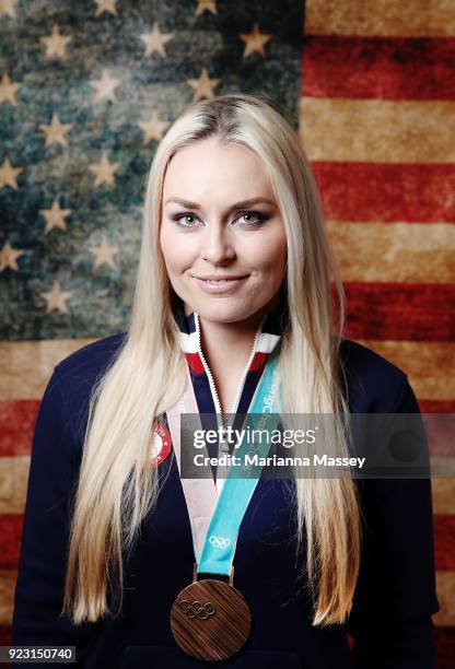 Lindsey Vonn of the United States poses with her bronze medal in the Women's Skiing Downhill on the Today Show Set on February 22, 2018 in Gangneung,...