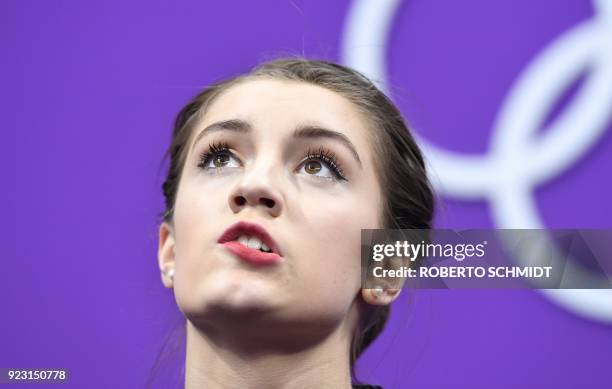 Switzerland's Alexia Paganini looks on after competing in the women's single skating free skating of the figure skating event during the Pyeongchang...