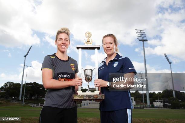 Western Australia captain Elyse Villani and New South Wales captain Alex Blackwell pose with the WNCL trophy during a WNCL Final Media Opportunity at...