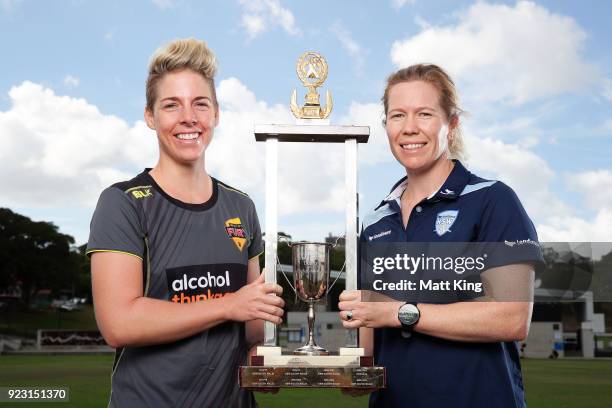 Western Australia captain Elyse Villani and New South Wales captain Alex Blackwell pose with the WNCL trophy during a WNCL Final Media Opportunity at...