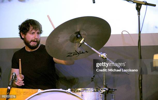 Drummer Jason Sechrist of Portugal. The Man performs at the Apple Store Soho on October 23, 2009 in New York City.