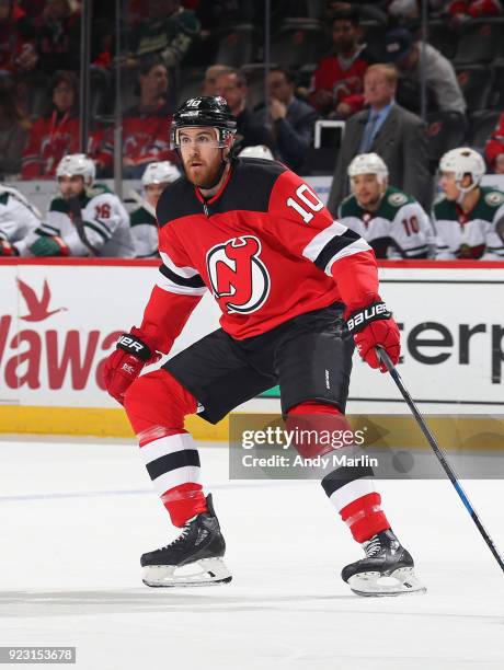 Jimmy Hayes of the New Jersey Devils skates in the first-period during the game against the Minnesota Wild at Prudential Center on February 22, 2018...