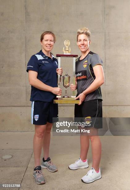 New South Wales captain Alex Blackwell and Western Australia captain Elyse Villani pose with the WNCL trophy during a WNCL Final Media Opportunity at...