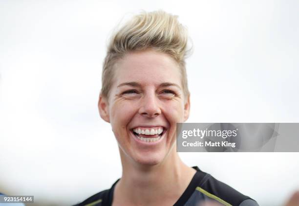 Western Australia captain Elyse Villani speaks to the media during a WNCL Final Media Opportunity at Drummoyne Oval on February 23, 2018 in Sydney,...