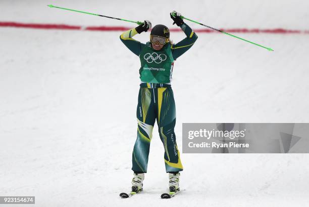 Sami Kennedy-Sim of Australia celebrates during the Freestyle Skiing Ladies' Ski Cross Quarterfinals on day fourteen of the PyeongChang 2018 Winter...