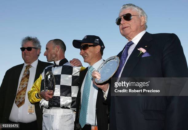 Trainer Bart Cummings along with jockey Glen Boss and owners celebrate after So You Think won the Tatts Cox Plate during the 2009 Cox Plate Day...