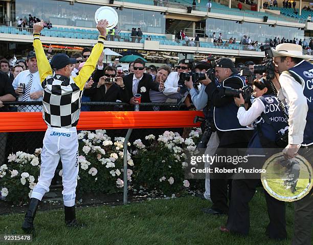 Glen Boss celebrates after riding So You Think to victory in the Tatts Cox Plate during the 2009 Cox Plate Day meeting at Moonee Valley Racecourse on...