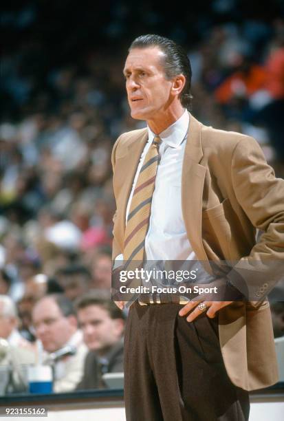 Head Coach Pat Riley of the New York Knicks looks on against the Washington Bullets during an NBA basketball game circa 1992 at the Capital Centre in...