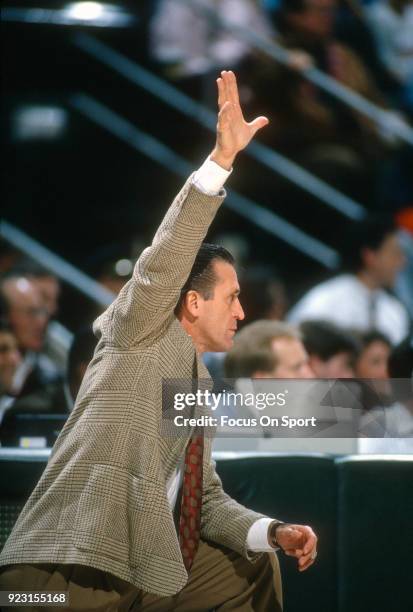 Head Coach Pat Riley of the New York Knicks looks on during an NBA basketball game circa 1993 at Madison Square Garden in the Manhattan borough of...