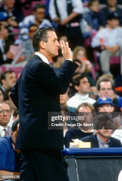 Head Coach Pat Riley of the New York Knicks looks on during an NBA basketball game circa 1993 at Madison Square Garden in the Manhattan borough of...