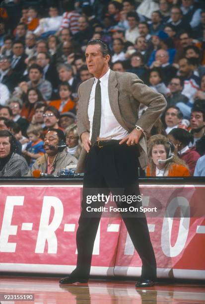 Head Coach Pat Riley of the New York Knicks looks on against the Washington Bullets during an NBA basketball game circa 1993 at the Capital Centre in...
