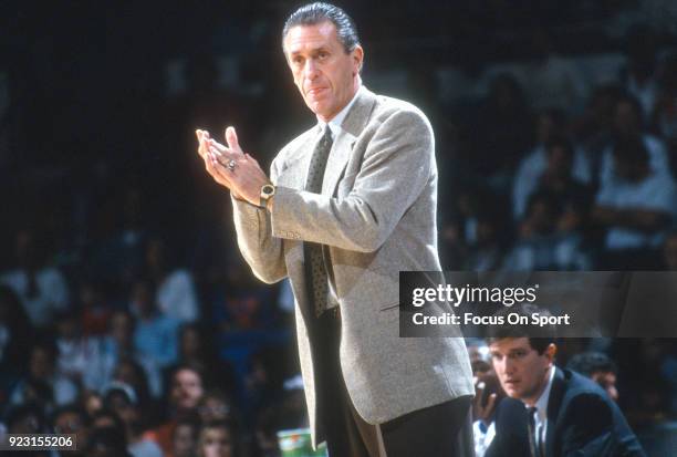 Head Coach Pat Riley of the New York Knicks looks on during an NBA basketball game circa 1994. Riley coached the Knicks from 1991-94.