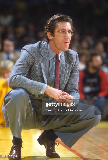 Head Coach Pat Riley of the Los Angeles Lakers looks on during an NBA basketball game circa 1981. Riley coached the Lakers from 1981-1990.