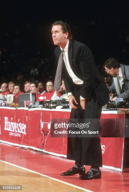 Head Coach Pat Riley of the Los Angeles Lakers looks on against the Chicago Bulls during an NBA basketball game circa 1984 at the Chicago Stadium in...