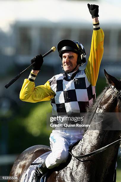 Glen Boss riding So You Think celebrates as he returns to scale after winning the Tatts Cox Plate during the 2009 Cox Plate Day meeting at Moonee...