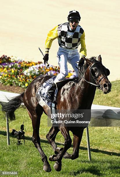 Glen Boss riding So You Think celebrates as he crosses the line to win the Tatts Cox Plate during the 2009 Cox Plate Day meeting at Moonee Valley...